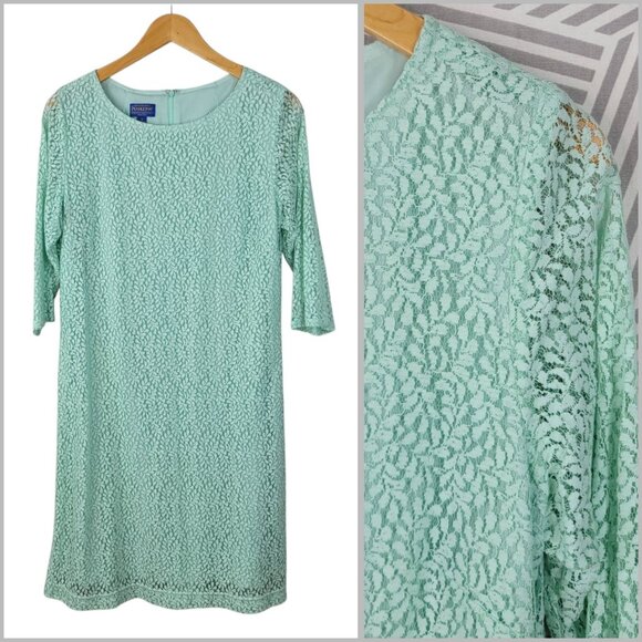 Pendleton Lane Dress Size 12 Light Minty Green Knee Length Leaf Print 3/4 Sleeve - Picture 1 of 7